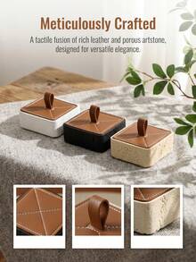 Haus Hana 1Pc Travertine Style Cotton Swab Holder, With Faux Stone Base And Leather Lid, Compact Design For Organizing Cotton Swabs, Toothpicks And Small Items, Ideal For Bathroom, Hotel And Home Decor. - multicolor - View 14