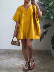 Lunelith SHEIN Lunessa Women's Loose Glossy V-Neck Short Sleeve Mini Dress - Yellow - View 1