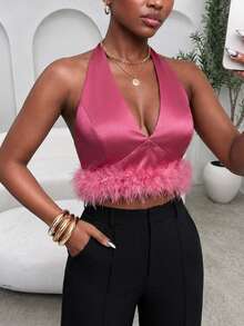 Glyssa Ladies' Summer Holiday Carnival Rose Pink Woven Deep V-Neck Halter Neck Sexy Ultra Short Top , Feather Decoration Club - Watermelon Pink - View 5