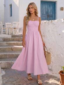 Vivid Eden Spring/Summer Women's Vacation Pink Woven Striped Sling Long Dress, Women Vacation Dress, Pink Striped Dress, Wedding Guest Dress Women,Date Night Dress,Casual Dresses For Women,Pink Dress,Cami Dress - Pink - View 6