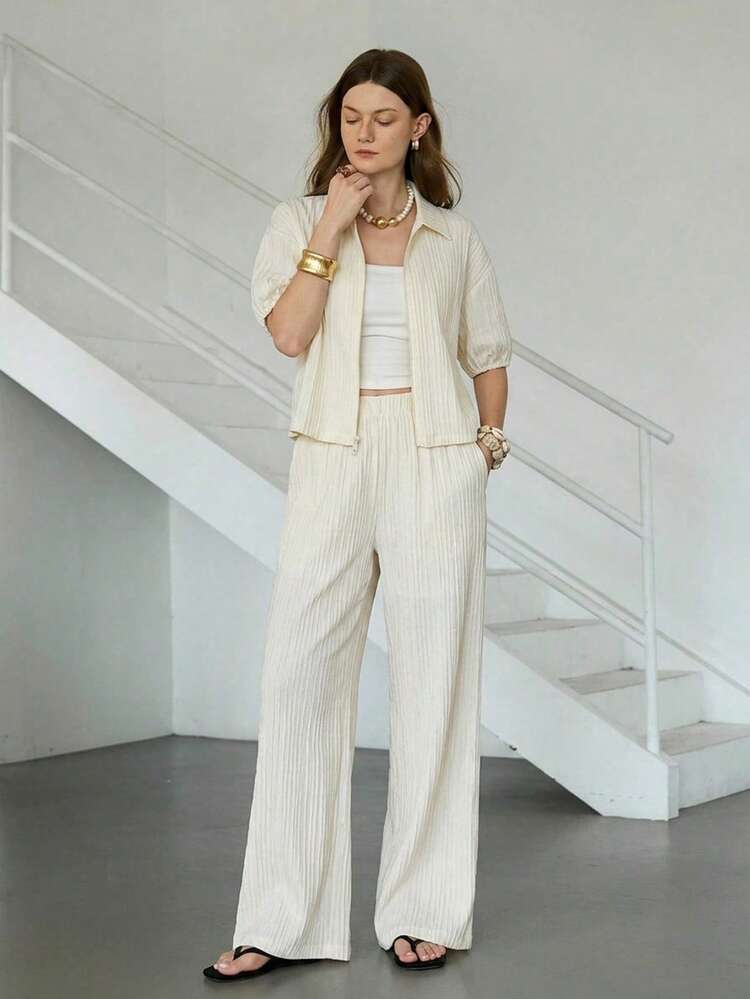 Women's Solid Color Zip-Up Short Sleeve Top And Long Pants 2-Piece Casual Outfit, Spring/Summer