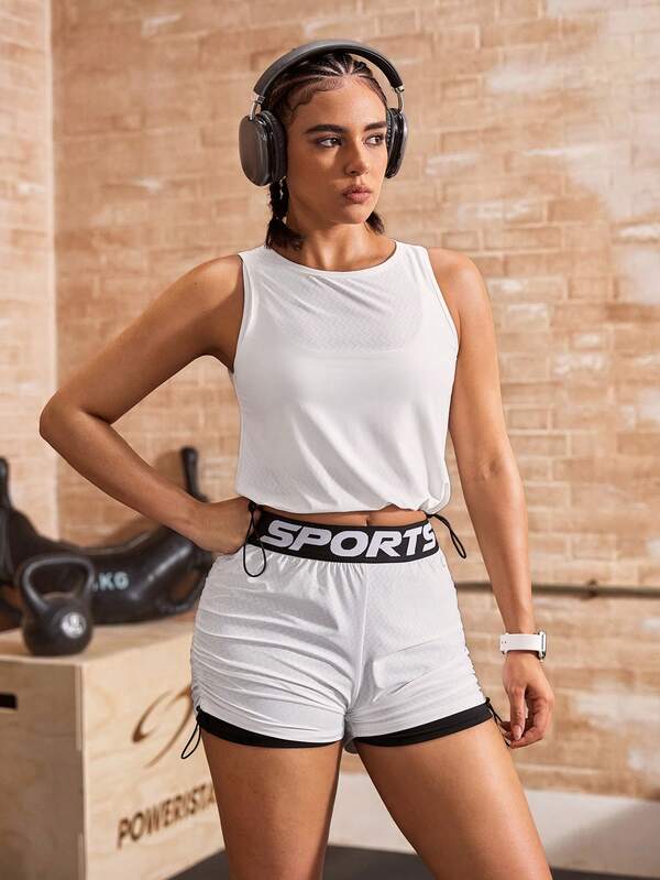Powerista Women's Solid Color Round Neck Tank Top And Letter Waistband Shorts Sports Set Running And Fitness Fashion Workout Gym  Quick-Drying And Breathable