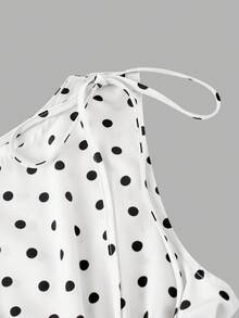 Skyraze Women's Boat Neck Sleeveless Bow Tie Polka Dot Waist Gathered Top And Shorts Sweet Two Pieces Set - White - View 5