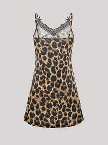 Hourtrue Leopard Print Lace Trim Split Hem Cami Pajama Nightdressfor Summer - Khaki - View 2