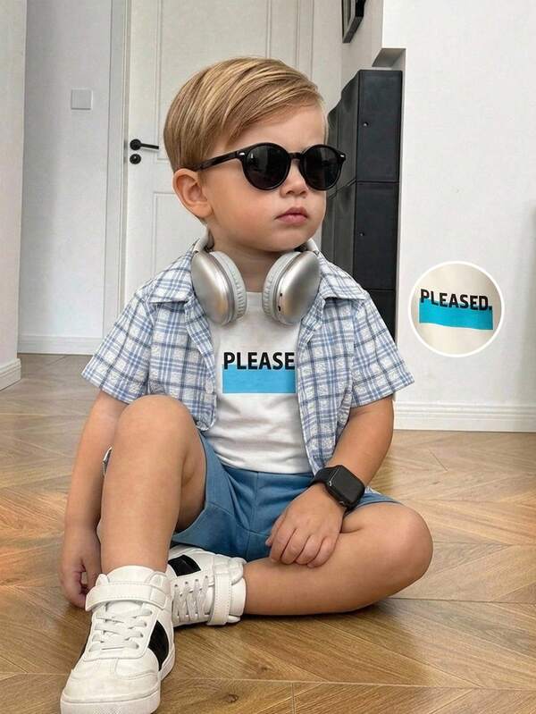 SHEIN 3pcs/Set Kids Boy Cute Summer Versatile Plaid Short Sleeve Shirt,White T-Shirt&Blue Shorts,Suitable For Daily Wear,Sports,School,Parties,Photoshoots