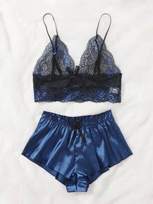 Charlaine Floral Lace Bralet With Satin Shorts - Navy Blue - View 4