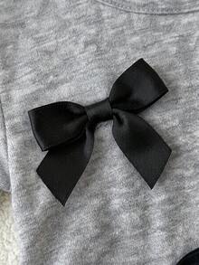 SHEIN Babygirl Casual Cute Knit Grey Bow Short Sleeve T-Shirt Elastic Waist Long Pants Set - Grey - View 5