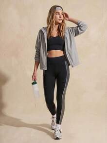 Exploreva Back To School Women's Side Pocket Contrast Color Patchwork Mesh Sports Long Pants - Black - View 1