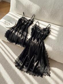 Moireta French Mature Elegant Eyelash Lace Minimalist Glossy Color Satin Double Slit Camisole Nightgown 2pcs/Set - Black - View 2