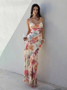 Aloruh Multi-Color Floral Print Romantic Date Vacation Spaghetti Strap Fitted Ruffle Long Women's Dress - Multicolor - View 5