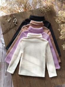 SHEIN Emery Rose Kids 4件組少女高領羅紋針織休閒T恤，高彈性翻領底層T恤，女孩秋季服飾，適合日常休閒穿著與外出 - 彩色 - 查看 2