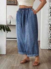 SHEIN CURVE+ 大尺碼女款彈性腰口袋寬腿休閒寬鬆可愛時尚牛仔褲 秋季穿搭 通勤 外出 夜店 海灘 正式場合 度假 藍色 - 深色水洗藍 - 查看 5
