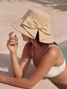 Swim Chiccia 1pc Bow Decor Wide Brim Bucket Hat, Suitable For Spring/Summer Vacation And Outdoor Sun Protection Vacation Outfits - Bow-tie Fisherman's Hat - View 11