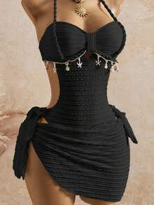 Bellisia 26SS Musim Semi/Panas Liburan Aprikot Vintage Leher Persegi Ramping Tali Kepang Bintang Laut Cangkang Halter Baju Renang Satu Potong Atasan & Rok 2 Potong - Hitam - View 3
