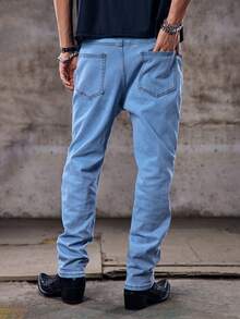 Men Cotton Letter Graphic Ripped Jeans Men's Ripped Jeansemo - Light Wash - View 3