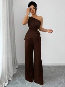 Selianne Minimalist Sexy Style Asymmetric One-Shoulder Tank Top & Bottom 2 Pieces Set For Women - Coffee Brown - View 6