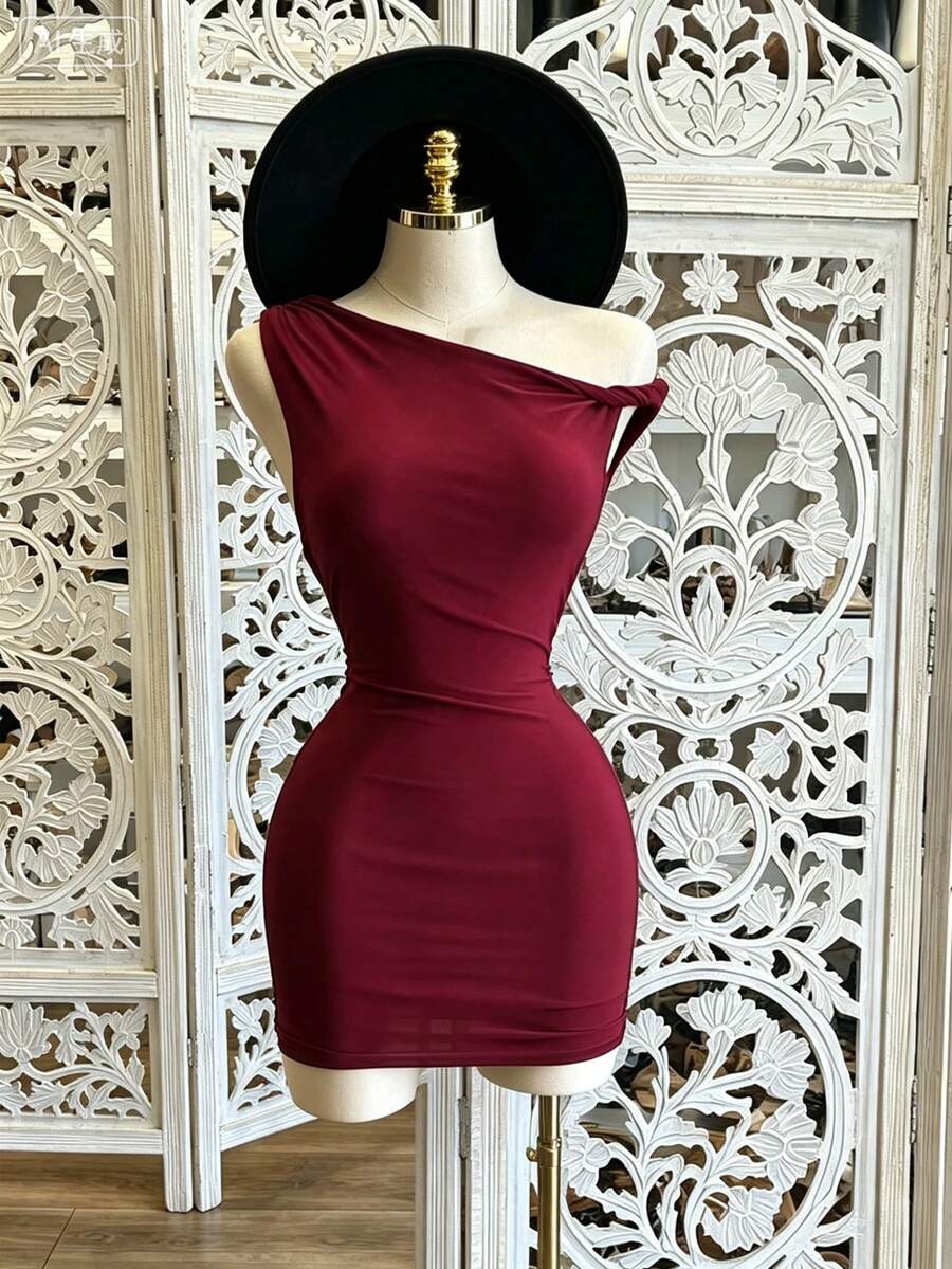 NostaNoir Women's Mini Asymmetrical Twisted Shoulder Fitted Sexy Dress Date Night Night Out Burgundy Summer