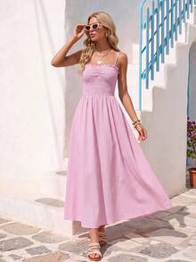 Vivid Eden Spring/Summer Women's Vacation Pink Woven Striped Sling Long Dress, Women Vacation Dress, Pink Striped Dress, Wedding Guest Dress Women,Date Night Dress,Casual Dresses For Women,Pink Dress,Cami Dress - Pink - View 2