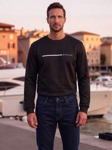 Men's Casual Versatile Daily Commute Minimalist Printed Crew Neck Short Sleeve Sweatshirt, Spring/Autumn Spring To Summer - Black - View 6