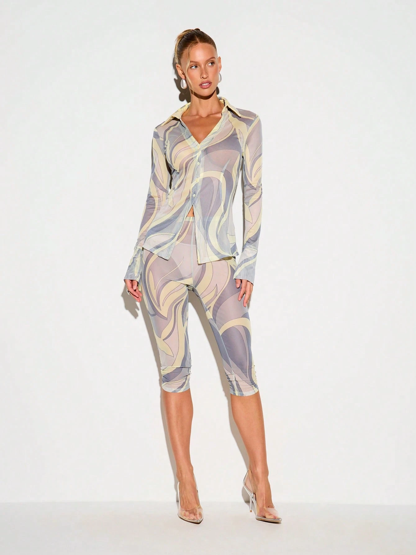 Sheer Swirl Print Shirt With Lace-Up Back