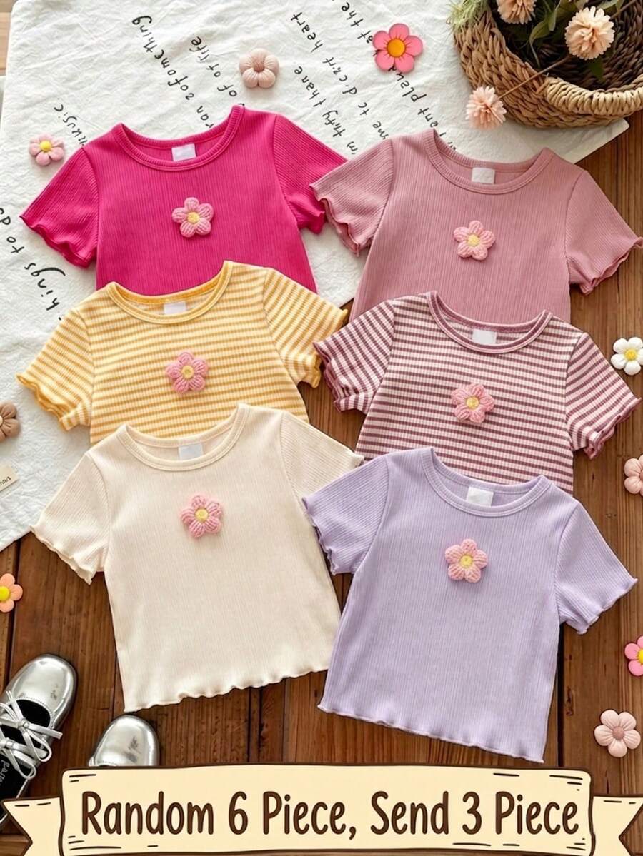 Bộ 3 áo thun ngắn tay viền bèo cho bé gái sơ sinh và trẻ nhỏ (6 tháng - 2-3 tuổi) với họa tiết hoa, kẻ sọc hoặc màu trơn, chất liệu nhẹ, thích hợp mặc thường ngày, đi học, phối lớp, mùa xuân/hè/thu. - Nhiều màu - Xem 1