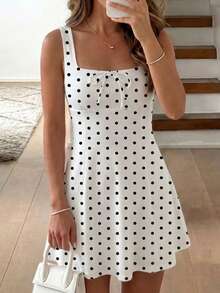 SHEIN LUNE Váy ngắn nữ cổ vuông họa tiết chấm bi, trang trí nơ, dây vai bản rộng - Nhiều màu - Xem 7