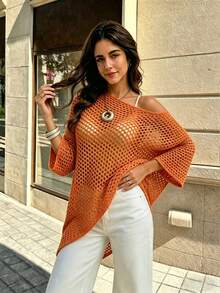 SHEIN Franclia 女款素色鏤空落肩不對稱下擺寬鬆毛衣 - 亮橙色 - 查看 6
