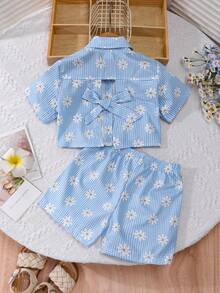 Elladie kids 2026年少女超可愛夏季套裝，格紋印花雛菊上衣 + 短褲 2件套裝 - 淺藍色 - 查看 2