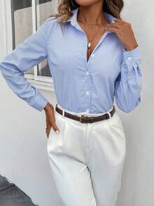 EMERY ROSE Camisa de rayas azules y blancas de moda para uso diario para mujeres - Multicolor - Ver 5