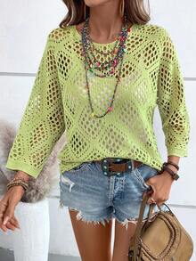 Breezaya Women's Vacation Fashion Versatile Diamond Hollow Knit Cover-Up Top - Lime Green - View 7