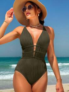 Swim Vcay Women's Summer Vacation Beach Solid Color Textured Crisscross Backless One-Piece Swimsuit - Army Green - View 5
