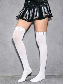 ROMWE Kawaii 1 Pair Of Punk Style Multi-Layer Rivet Knee Socks, Y2K  White High Tube Socks, Fashionable Elastic Stockings - White rivet 1 - View 2