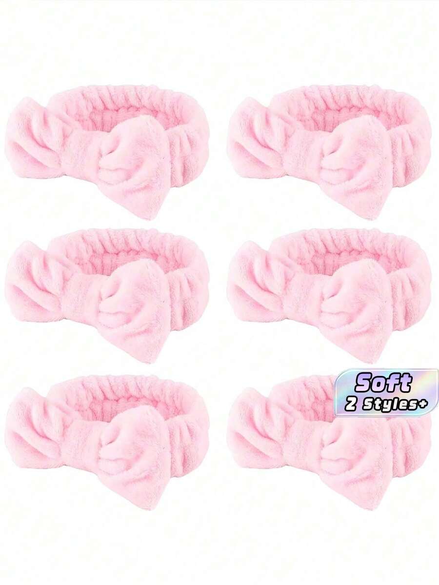 6-Pack Spa Cosmetic & Face-Washing Microfiber Bow Hairbands - Soft And Comfortable Face-Washing Hairbands - Pink - View 1