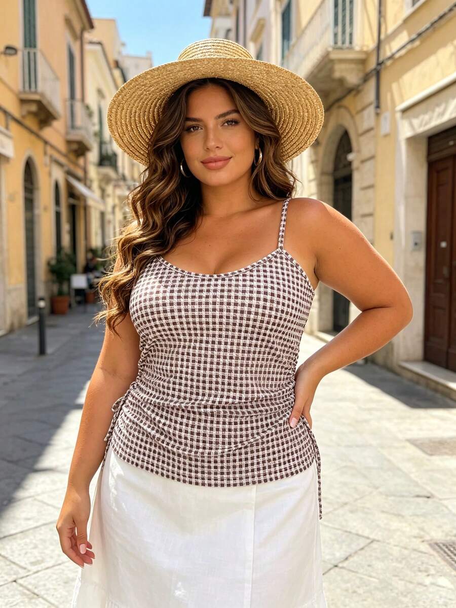 Vionelle Plus Size Women's Summer Casual Vacation Vintage Plaid Print Knit Fitted Sexy Bold Avant-Garde Spaghetti Strap V-Neck Ruched Waist Tank Top - Brown - View 1