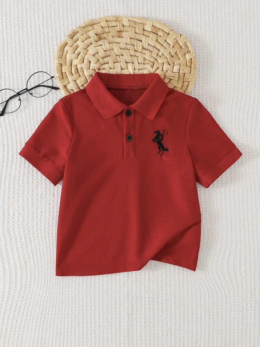 SHEIN Playful Pals 1pc Boys' Colorblock Polo Collar T-Shirt, Contrast Ribbed Cuffs, Embroidered Chest Detail, Suitable For Spring/Summer, Outdoor Activities, Formal Gatherings - Red - View 1