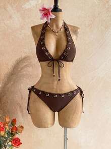 Mistrie Conjunto de bikini de 2 piezas con top halter anudado, ojales y tela brillante, para uso casual en la playa y vacaciones de verano de la mujer, en color marrón sólido - Marrón - Ver 1