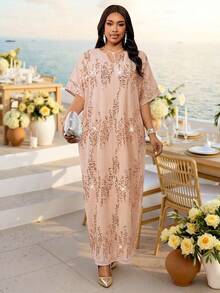 Fleurora Đầm thanh lịch cổ chữ V đính sequin nhiều mảnh, cỡ lớn, thích hợp cho mùa xuân/hè. - Màu Hồng  San hô - Xem 4