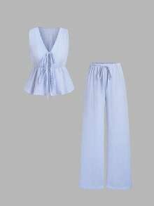 Tall Conjunto de top sin mangas con cuello en V y cintura anudada, y pantalones de pierna ancha, conjunto informal de gasa a rayas tipo burbuja para mujeres altas, primavera/verano - Azul - Ver 3