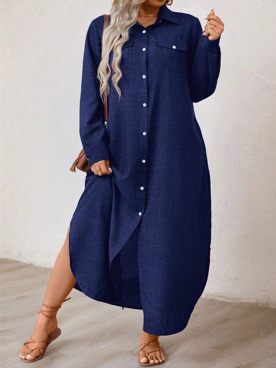 Linhara CURVE Plus Size Women's Solid Color Long Sleeve Shirt Dress Maxi Women Outfit - Navy Blue - View 1