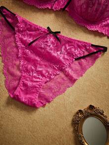 PinupPomp 2pcs Set Pakaian Dalam Babydoll Ukuran Plus dengan Motif Bunga Renda Romantis Warna Kontras Balconette 3/4 Cup Push-Up Pita Ruffle Manis Imut Nyaman - Hot Pink - View 5