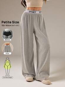 SHEIN PETITE Quần ống rộng nữ kiểu dáng thường ngày, có in chữ, cạp chun. - Xám - Xem 1