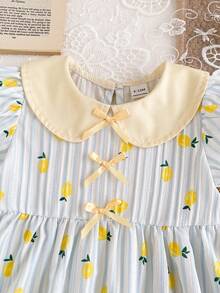 SHEIN 法式風女嬰洋裝 夏季淺藍色雛菊圖案甜美風 彼得潘領公主洋裝 泡泡袖短袖洋裝 休閒時尚 適合玩耍、上學及其他場合 - 彩色 - 查看 7