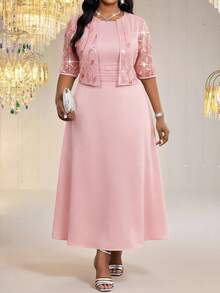 Fleurora Conjunto elegante de duas peças para mulheres plus size: cardigã de manga curta em tule com lantejoulas e mangas compridas. - Rosa - Ver 2