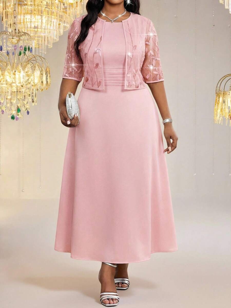 Fleurora Conjunto elegante de duas peças para mulheres plus size: cardigã de manga curta em tule com lantejoulas e mangas compridas.