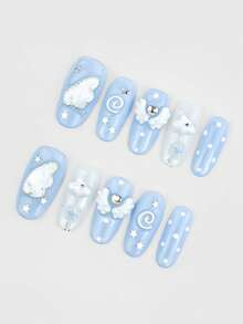 ROMWE Kawaii 10片裝Y2K簡約風假指甲，音符、翅膀、波點、蝴蝶結元素，含假甲片與雙面膠帶 - 藍色 - 查看 4