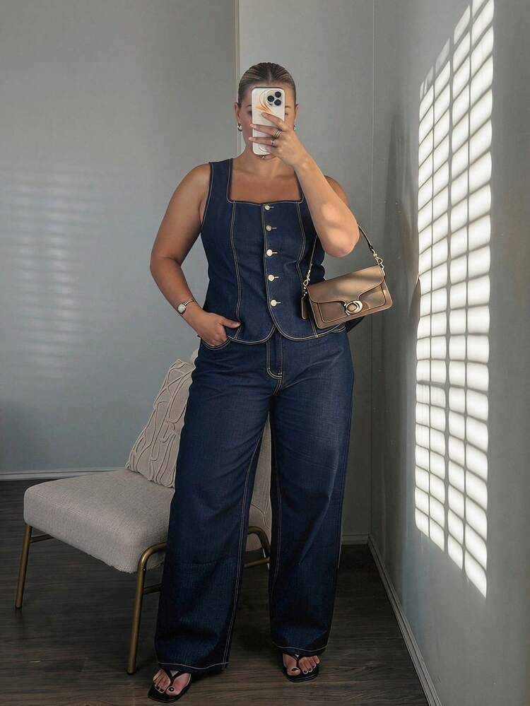 Dazy Plus Spring & Summer Vacation Style Denim Set, Sleeveless Loose Long Denim Pants & Vest, Plus Size Women 2 Pieces Denim Set