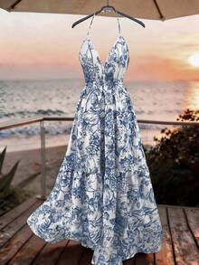 Gownix Backless White And Blue Floral Print Halter Neck Vacation Dress Summer Boho - Blue and White - View 2