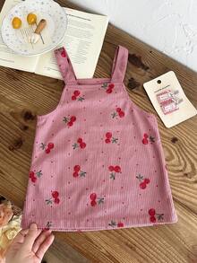 SHEIN LMoss Kids 女嬰編織燈芯絨櫻桃圖案背心裙，加厚燈芯絨面料，適合秋冬穿著 - 藕粉色 - 查看 2