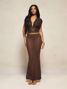 AiiRZ Deep V Neck Lace Panelled Mesh Crop Top With Short Sleeves And Gathered Waist Band Detail - Brown - View 3