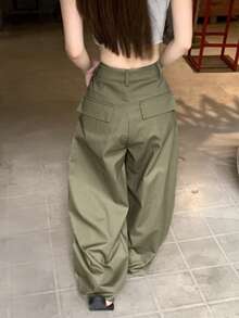 DAZY Women's Solid Color Casual Korean Style Loose Wide-Leg Pants Cute Tops - Army Green - View 5